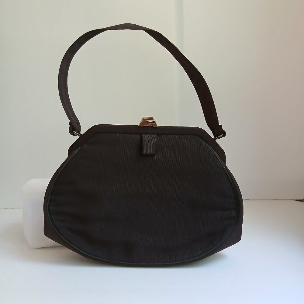 Vintage Brown Grosgrain Gold Art Deco Clasp Handbag with Cute Attached Purse - Picture 1 of 13